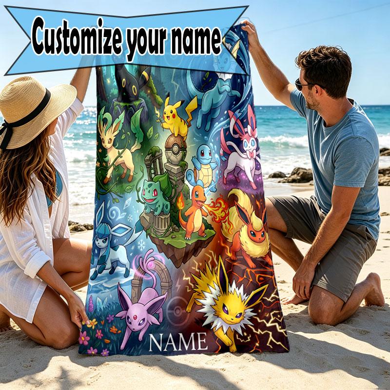 Custom Name Personalized Pokemon Print Beach Towel, for Trip Camping Beach Party Home Decor, Birthday Gift for Family & Friends