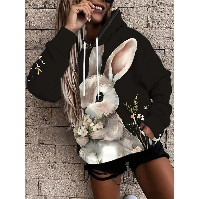 Fashionable women's loose casual street style hooded sweatshirt. A cute rabbit holding a small flower.