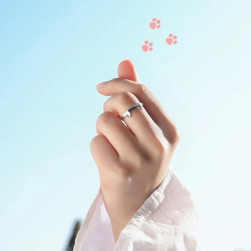 Adjustable Cartoon Little Cat Kitten Pet Finger Rings Lovely Cat Ears Paws Rings Birthday Gifts for College Girls