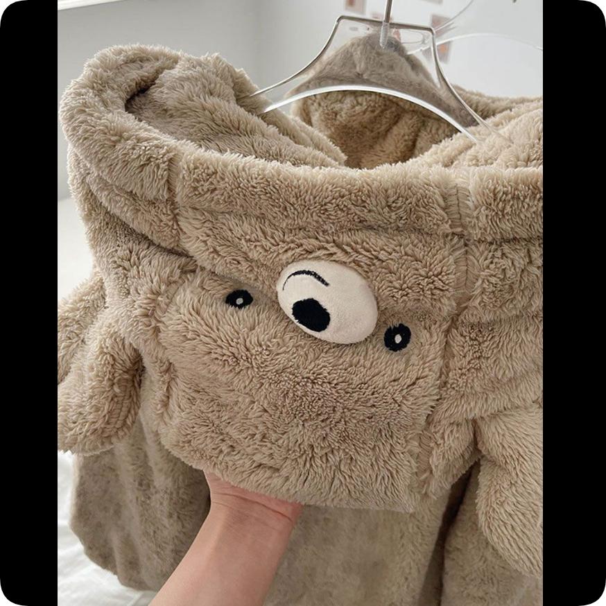 Little Brown Bear Coral Fleece Hooded Pajamas Suit Women's Autumn and Winter Plus Velvet Thickening To Keep Warm Can Be Worn Outside Home Service