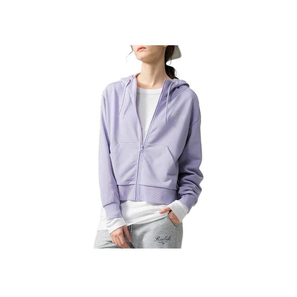 Reebok Вышитый логотип, однотонный, для активного отдыха, повседневная спортивная толстовка с капюшоном на молнии, женские толстовки с капюшоном, светло-фиолетовый 24FRM102WGP5