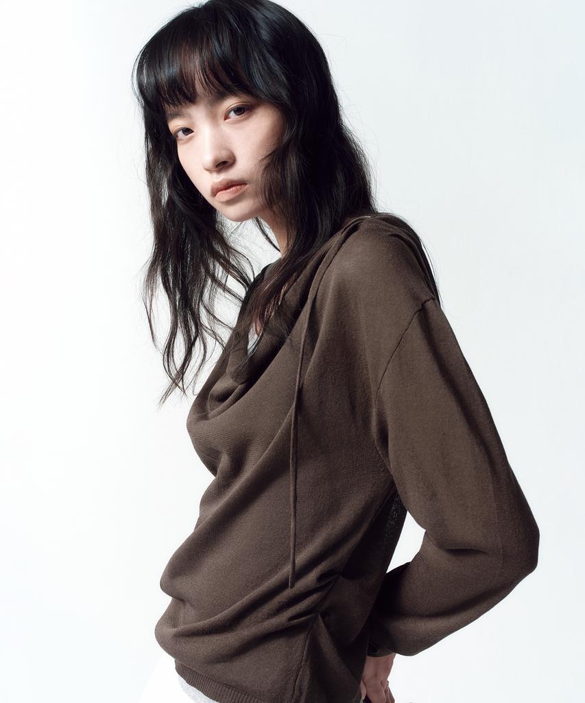INSILENCE WOMEN Cowl Neck Hooded Knit Brown