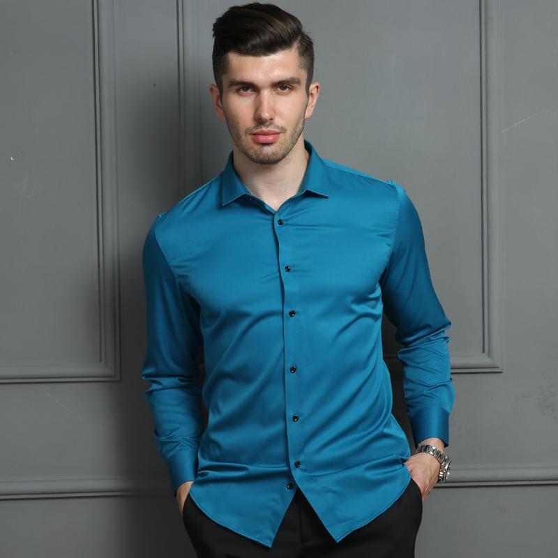 Отличные однотонные классические мужские рубашки с длинным рукавом и отложным воротником из бамбукового волокна, эластичные облегающие рубашки для социальных сетей