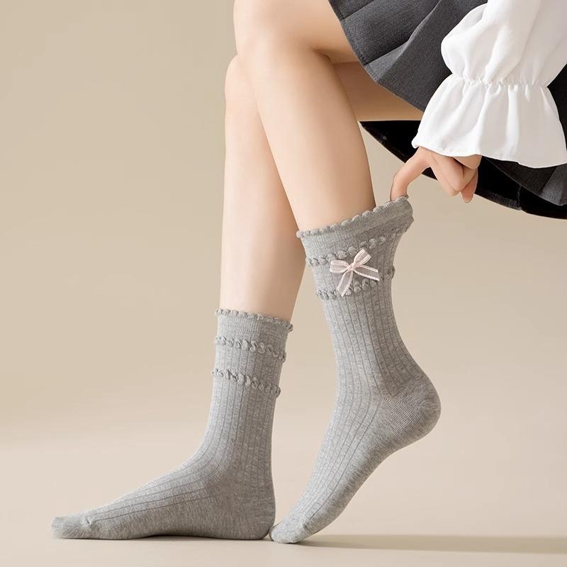 5 Pairs of Thin Solid-color Sweet Bow Mid Calf Socks for Girls In Summer