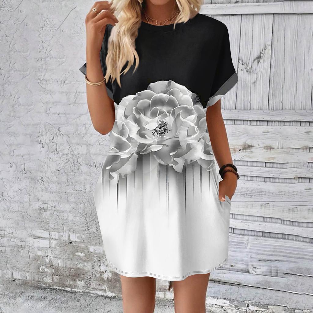 Женское модное летнее свободное платье-футболка средней длины с принтом и короткими рукавами