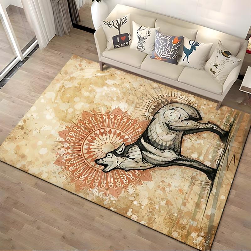 "Mandala Inspired Howling Wolf Pattern Beige Art Area Rug Carpet" Suitable for use as an anti-slip for living room bedroom sofas
