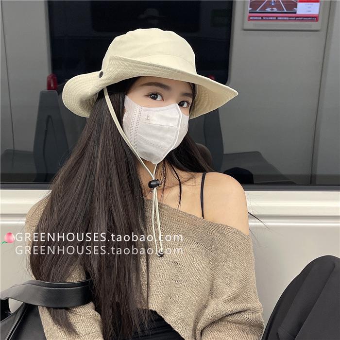Japanese-style quick-dry drawstring fisherman hat for women, breathable and sun-protective, large brim sun hat for outdoor fishing and hiking, men's