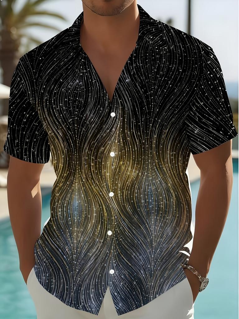 Men'S Gradient Short-Sleeve Shirt Light Luxury Style Shirt Full-Print Abstract Feather Pattern Loose Top Suitable for Street Party And Daily Wear