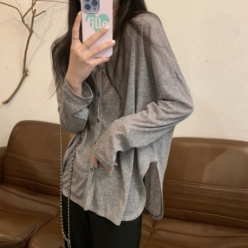 Тонкая солнцезащитная рубашка с кондиционером большого размера для женской ранней весны с разрезами и тонким длинным рукавом, однобортная блузка-топ