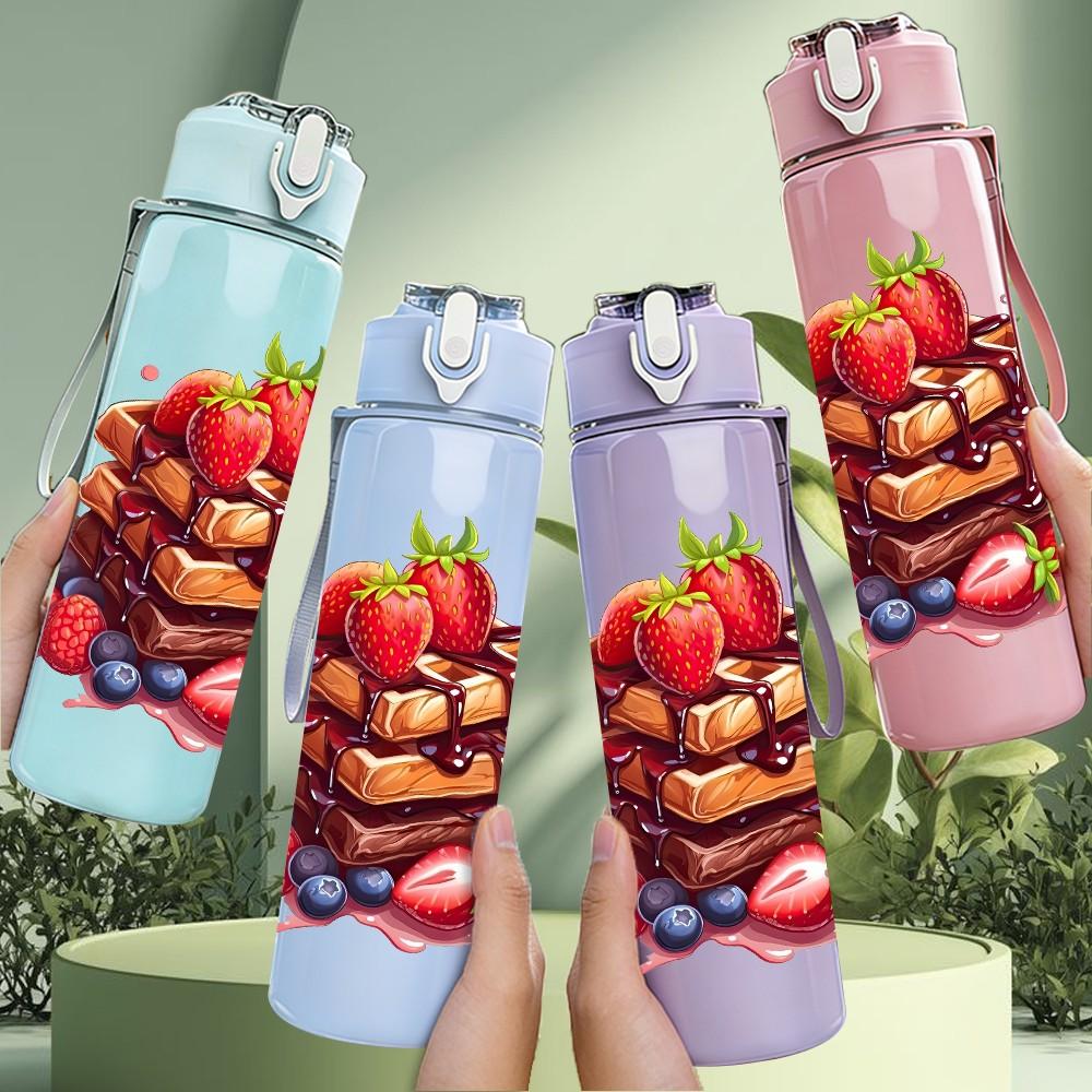 1PC Mixed Berry Fruit Bowl Print 750ml Color Plastic Sports Water Bottle Leakproof Flip Straw Lid Suitable for Sports Office Home Use