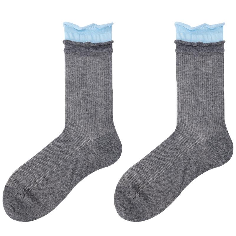 Anti-Bacterial Cotton Two-tone Contrast Spliced Women's Thin Summer Seamless Mid-Calf Socks Trendy Versatile Rolled-Edge Stacked