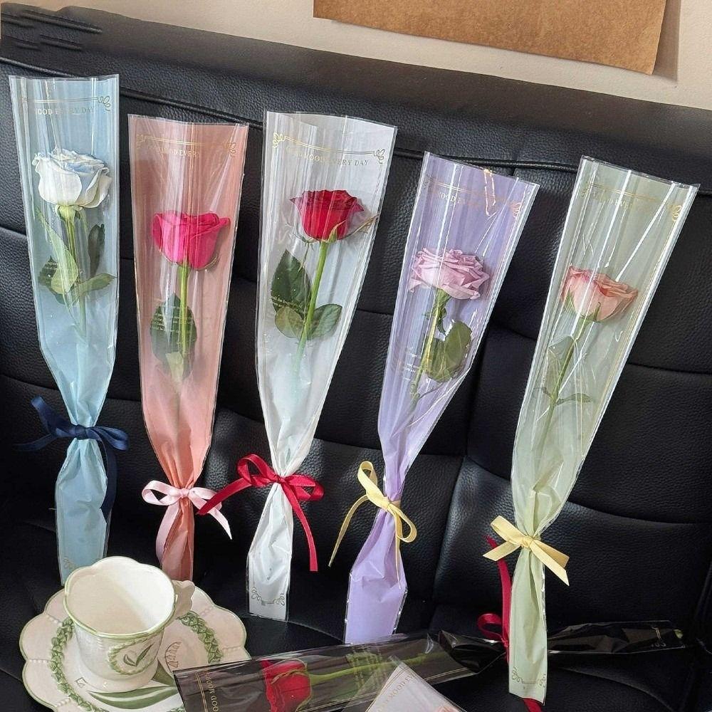 50pcs Transparent Single Rose Sleeves Waterproof Bouquet Packaging Sleeve Anniversary