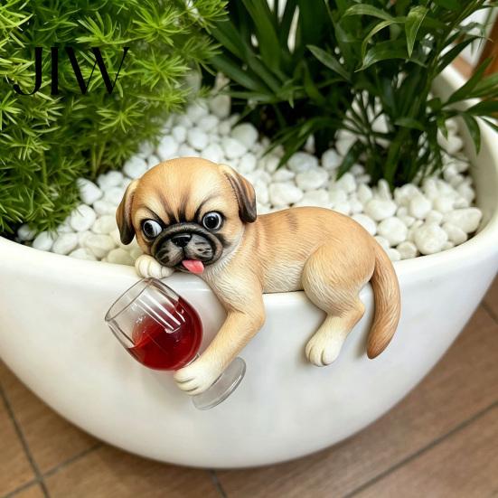Funny Pet Statue Lying Pug for Planter, Dog Figurine with Red Wine Tabletop Animal Ornament Glass, Cute Resin Flower Pot Edge Decoration Hanging Decor