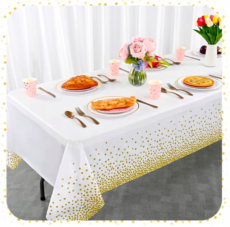 Disposable tablecloth FOR a white foil table With gold confetti, large 137x274 cm