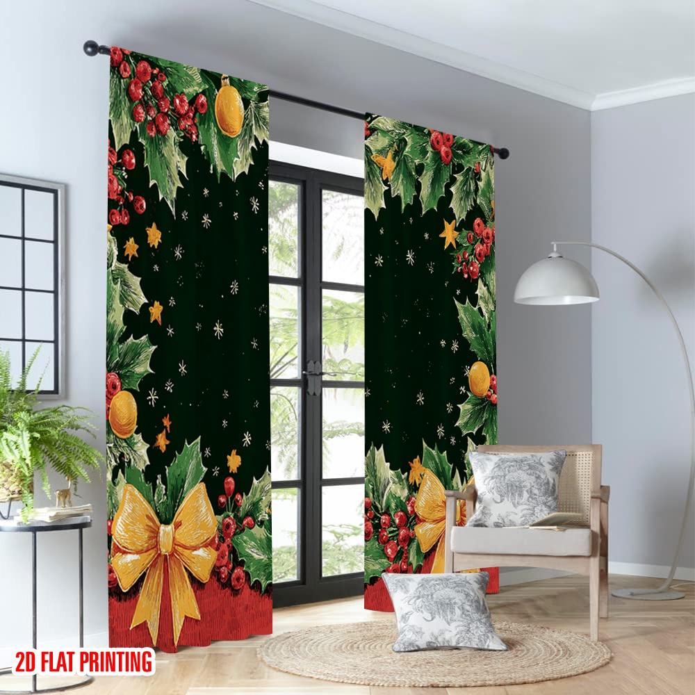 2pcs 2D flat printing Christmas Curtains Christmas Holly Garland Bow Snowflakes Digital Printed Polyester Drapes Party