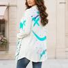 Women Plus Size Draped Collar Long Sleeve Open Front Blue White Printed Curved Hem Cardigan