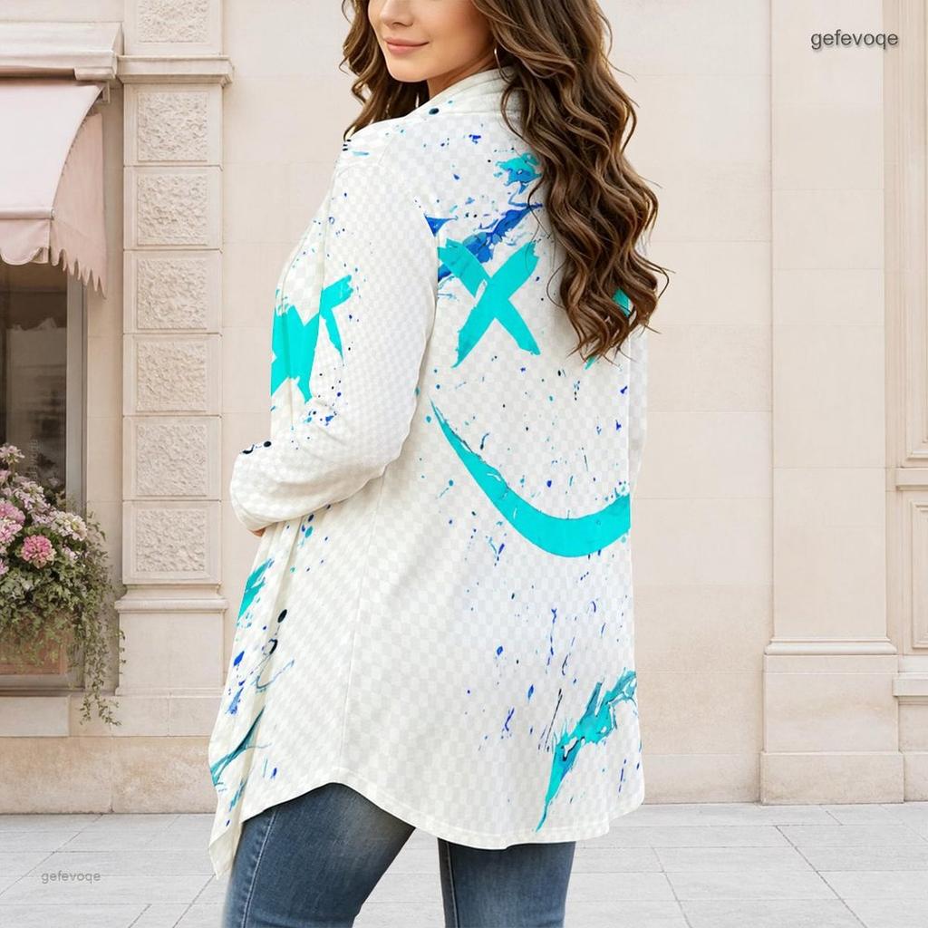 Women Plus Size Draped Collar Long Sleeve Open Front Blue White Printed Curved Hem Cardigan
