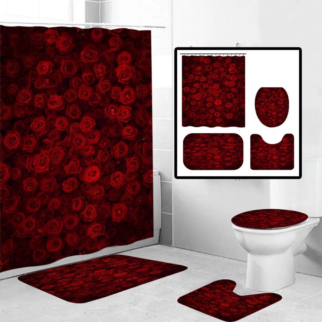 Valentine's Day Printed Shower Curtain Carpet Floor Mat Combination Bathroom Toilet Cushion Bathroom Curtain Four Piece Set