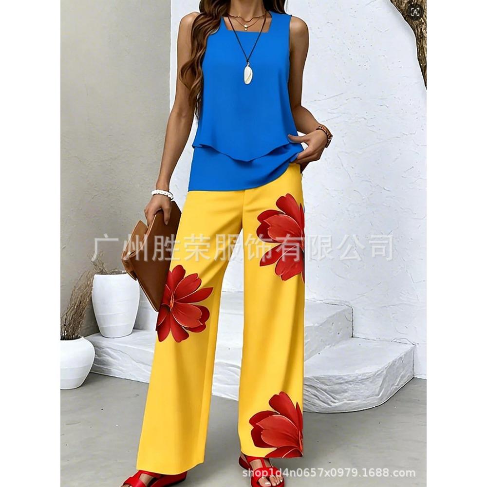 Layer Double Women Sleeveless Vest And Pants Set Casual Solid Two Piece Outfit Fashion Daily Matching Suit