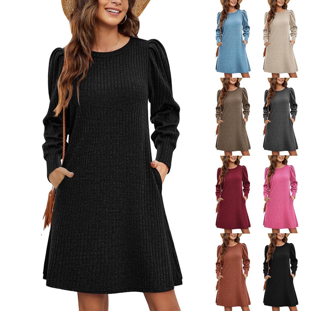 Women Casual Sweater Dress Winter Knitted Sundress Wiht Pockets Long Sleeve Tunic Clothes Keep Warm Midi Dresses