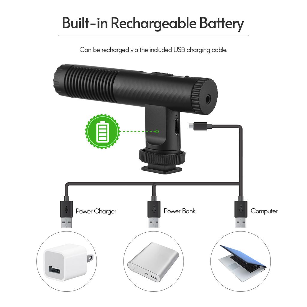 Portable Stereo Microphone Video Recording Mic 3.5mm TRS Plug Built-in Rechargeable Battery for