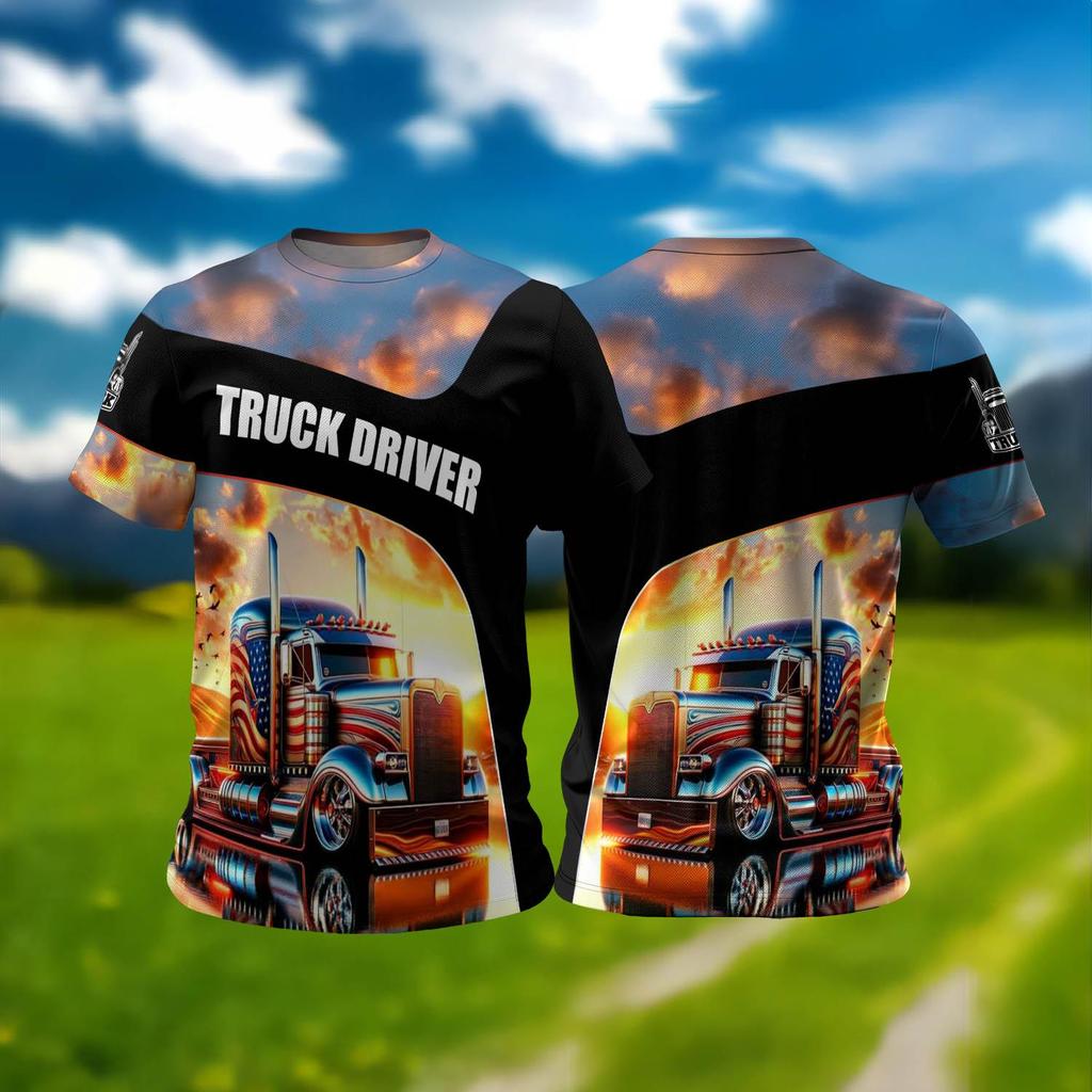 Casual Men's T-Shirt Summer Short Sleeve Tops Driver Truck Pattern Print O-Neck Pullover Oversized Male Clothing Outdoor Tees