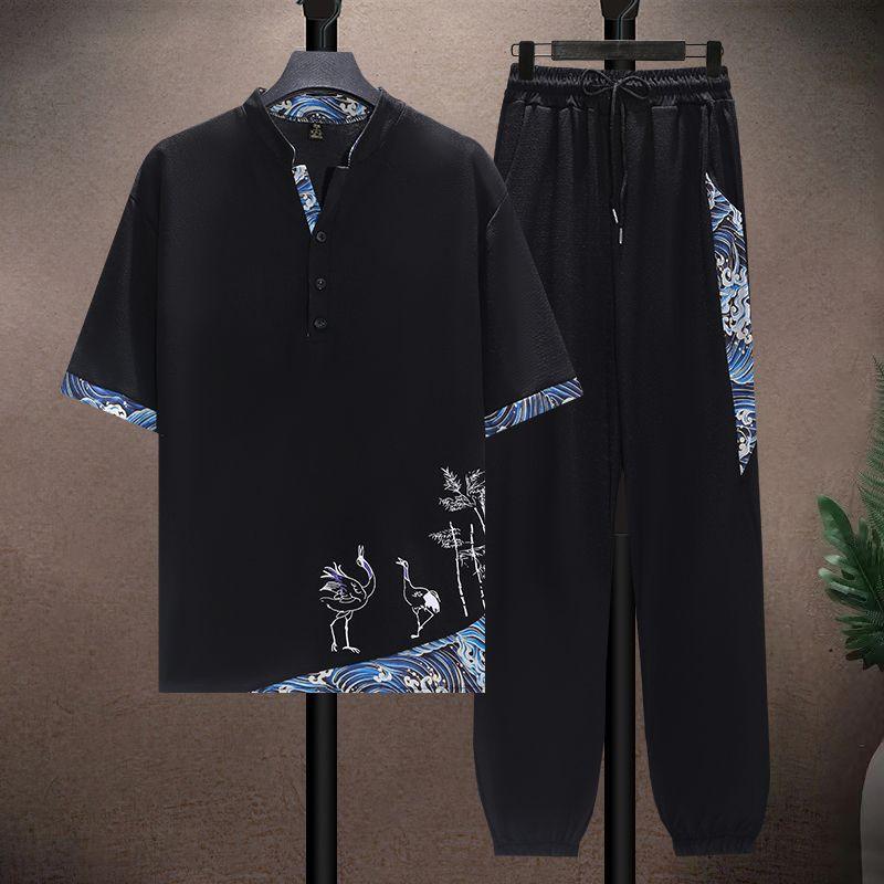 Men's Summer Thin Sportswear Short Sleeve + Long Pants 2 Piece Set