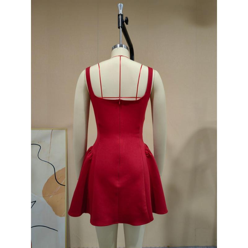 Women Summer Red Square Neck Sleeveless Mini Dress Slim Fit A-Line Flared Skater Dress Elegant Cocktail Party Club Evening Short Gown