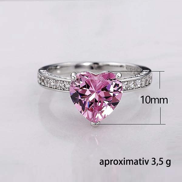 YQLAFT 925 Sterling Silver Shining Zirconia Engagement Ring Pink Heart Shape 18.1mm Diameter with Gift Box