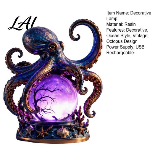 Octopus Crystal Ball Lamp Deep Sea Lamp 3D Handmade Engraved Resin Night Light with Marine Life Home Decor LED Base Bedroom Ambient Nautical