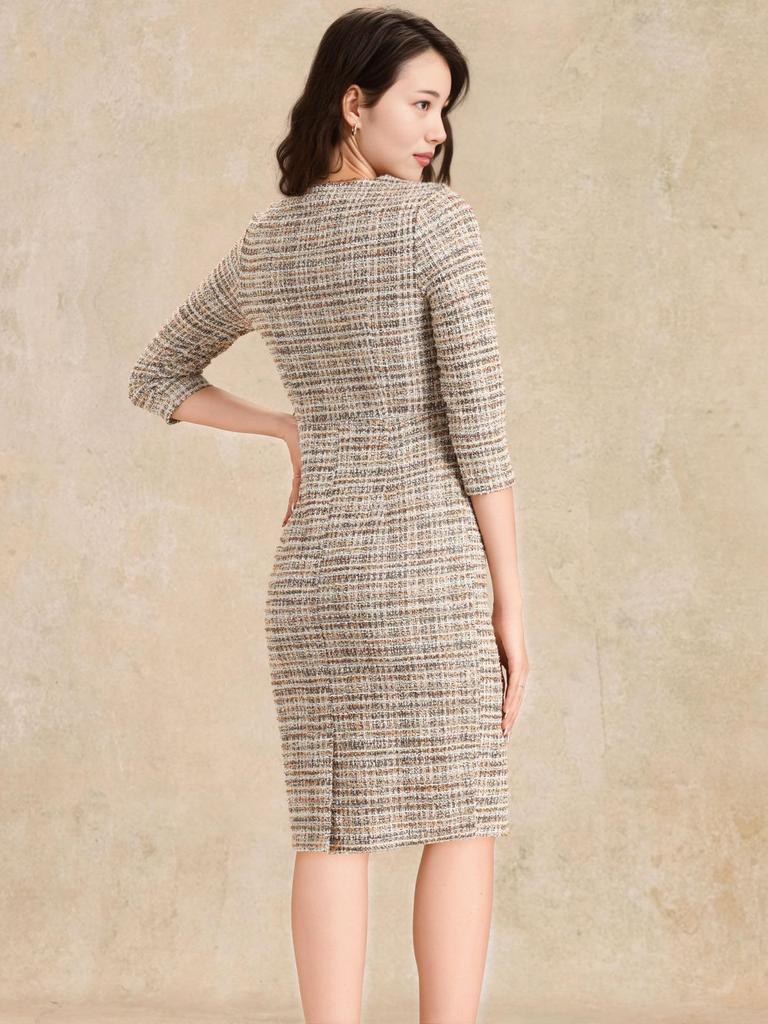 Женское облегающее платье из клетчатого твида Allegra K, рукава 3/4, элегантное рабочее платье, желто-белое, размер S