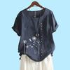 Women Fashion Short Sleeve Top Laides Cotton Linen Blouse Summer&fall Fashion Flower Print Loose T-shirt