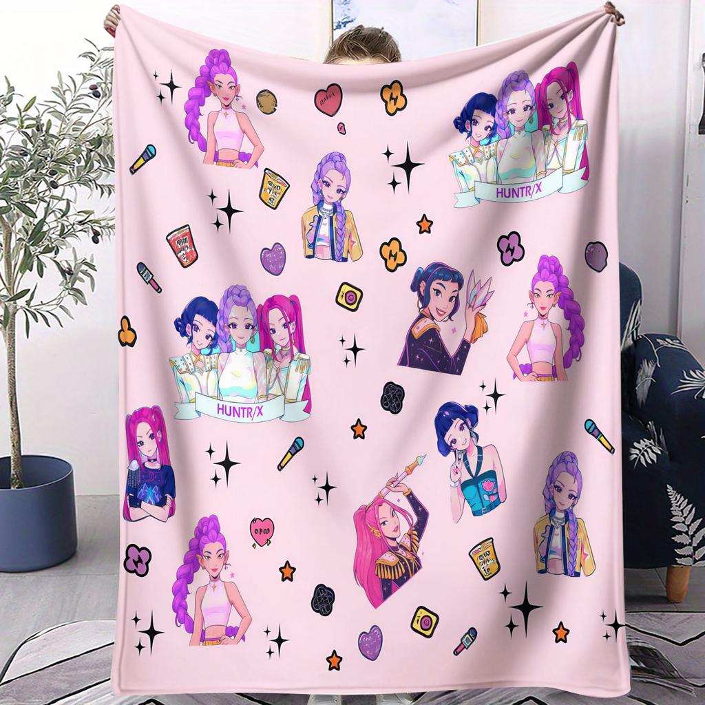 K-Pop Huntrix Girl Фланелевое одеяло Охотники на демонов Плюшевый Теплый Плед для Домашнего Отдыха Офисного Сна Путешествий Кемпинга Всесезонный Подарок