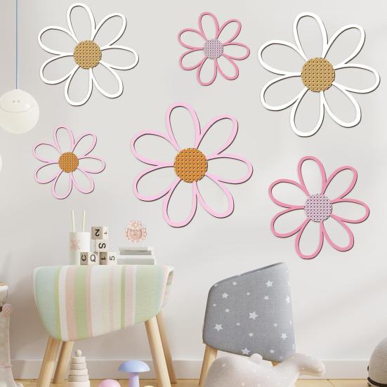 6Pcs/Set Flower Wall Decoration Wooden Flower Cutout Rustic Flower Wall Art Ornament for Home Farmhouse Living Room Bedroom