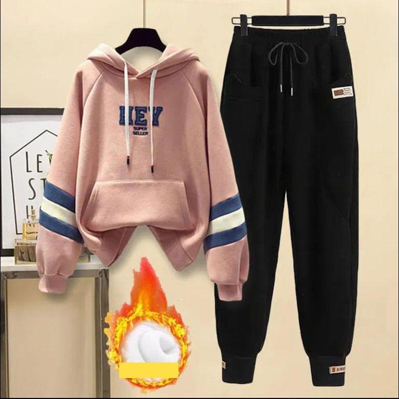 Осенне-зимний женский теплый флисовый комплект из толстовок с капюшоном в стиле пэчворк, повседневная рабочая одежда, брюки, комплект из двух предметов, женский спортивный костюм для бега