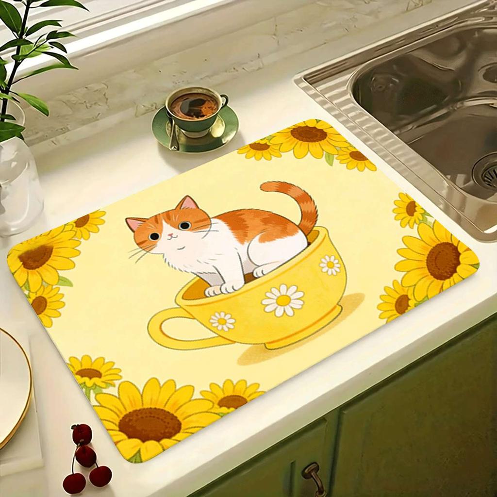 1 шт. Резиновый коврик для сушки с милым котиком для кофейни, ресторана, кухни, ковер, посуда, прочный, из диатомита, коврик для стола, коврик для питомцев