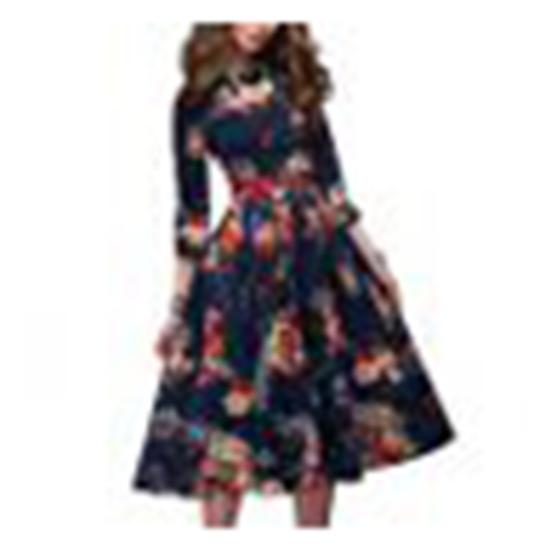 Женское элегантное винтажное вечернее платье миди с цветочным принтом и круглым вырезом с длинным рукавом