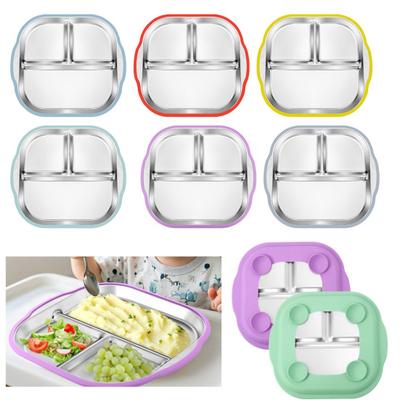Тарелка для малышей из нержавеющей стали с присоской, 3-секционная детская миска с нескользящей силиконовой ручкой, небьющаяся металлическая детская тарелка
