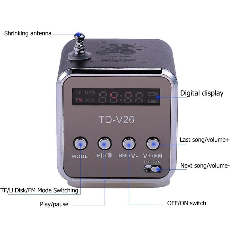 Портативная цифровая Bluetooth-колонка TD-V26, мини-радиоприемник FM, ЖК-дисплей, стереодинамик, поддержка карт SD/TF