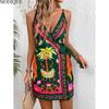 MODIQUE 2025 Summer New Women's Sexy Hot Tropical Plant Print Sleeveless Strap Belt Short Dress Ladies Casual H-Line Deep V-Neck Dress
