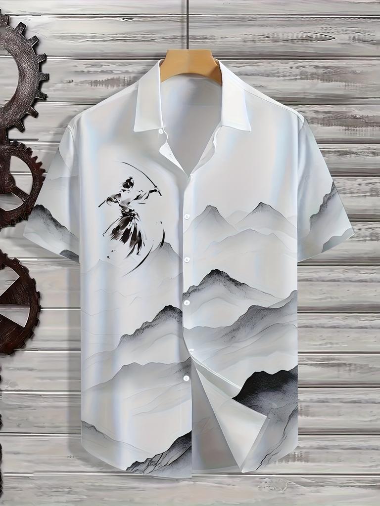 Men'S Landscape Painting Digital Print Short Sleeve Button-Up Shirt, Fiber, Summer Vacation And Casual Wear!