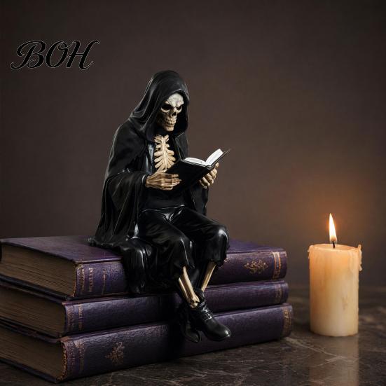 Skeleton Desktop Decor Halloween Reading Book Figurine, Spooky Devil Resin Sculpture, Gothic Winged Sculpture Black Robe Grim Reaper Statue