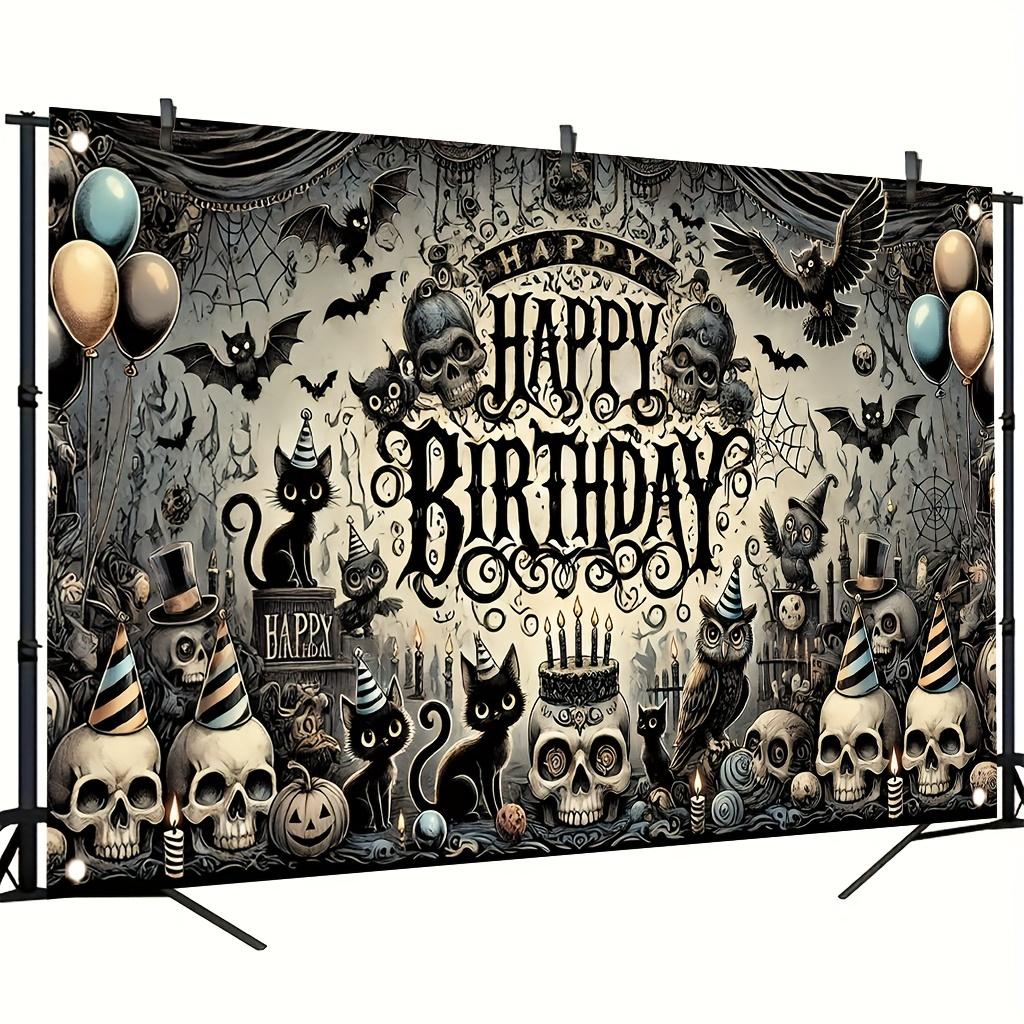 2D flat banner, 1 piece - Gothic-style cat skull theme polyester birthday banner - Birthday party backdrop fabricDJH