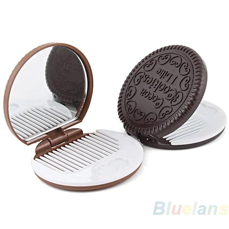 1 Pcs Chocolate Biscuit Mini Pocket Mirror With Comb Prinss Portable Biscuit Shape Makeup Folding Mirror With Comb
