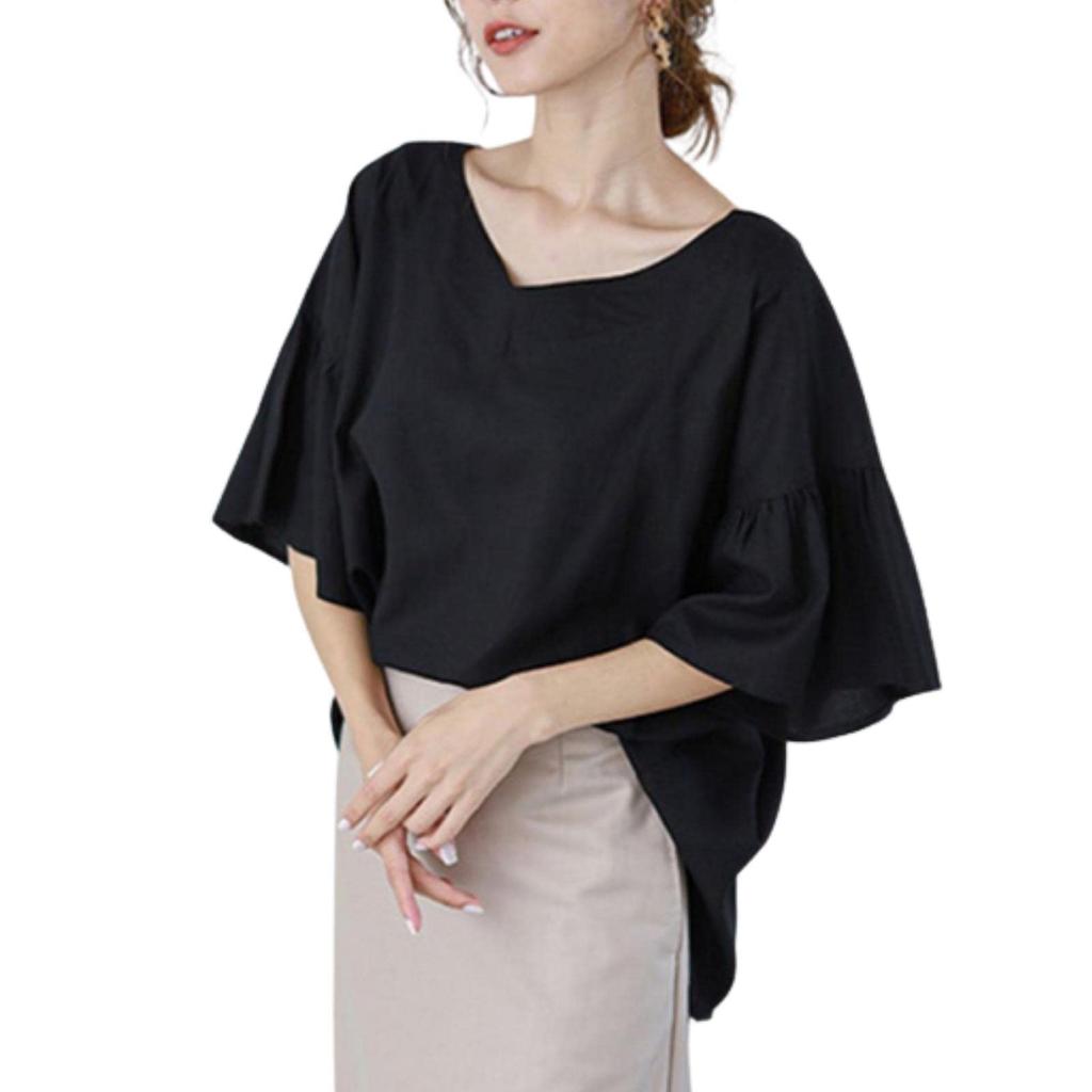 Meme Extra Blouse for Short Short Sleeve Flared Cut and Summer Large Loose M [MEME XTRA] Women, Sleeve, Summer, Spring, V-neck, T-shirt, Ruffle, Top,