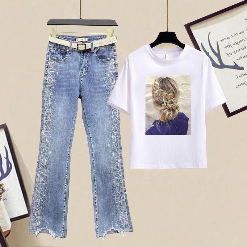 Летняя корейская версия свободного кроя с круглым вырезом, короткими рукавами и принтом + широкие джинсы, комплект из двух предметов для женщин