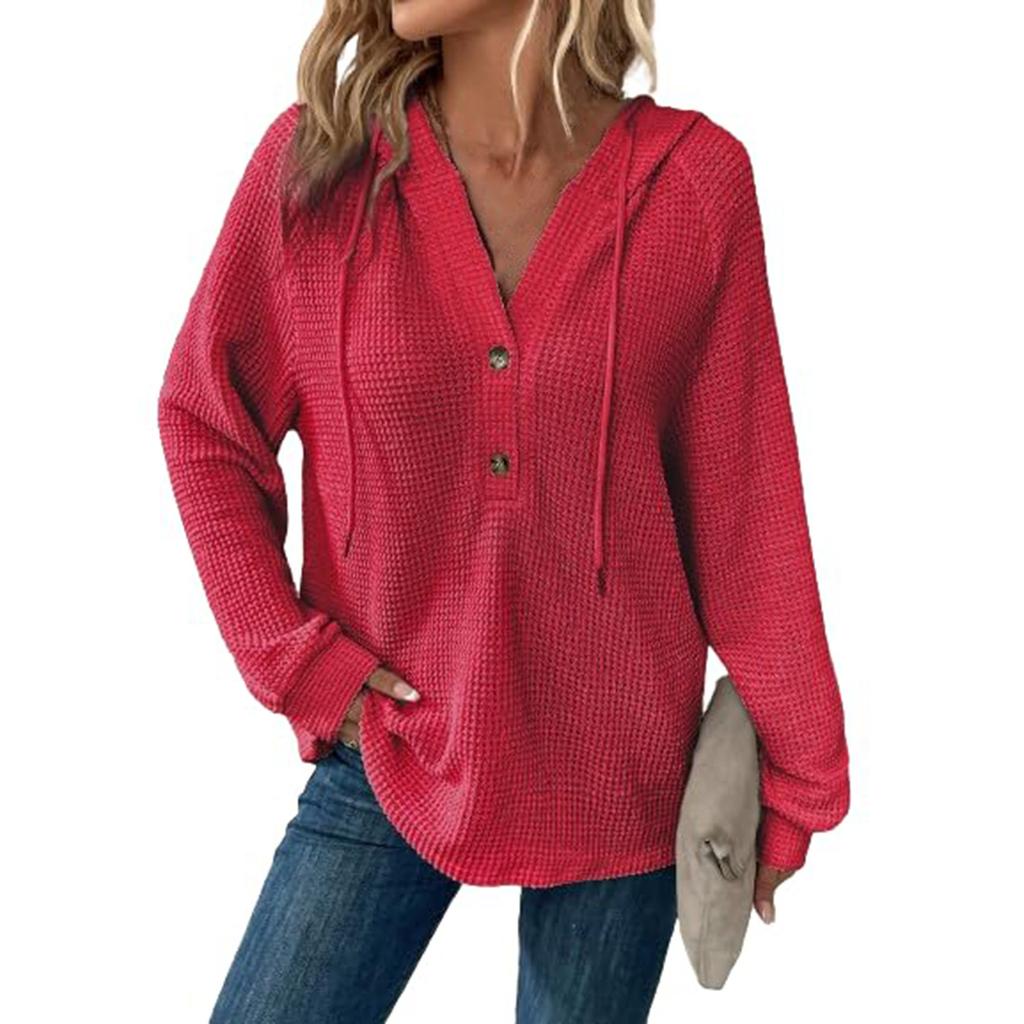 Women's Fashion Long Sleeve Drawstring Hooded Button V-Neck Casual Hooded Sweatshirt Top