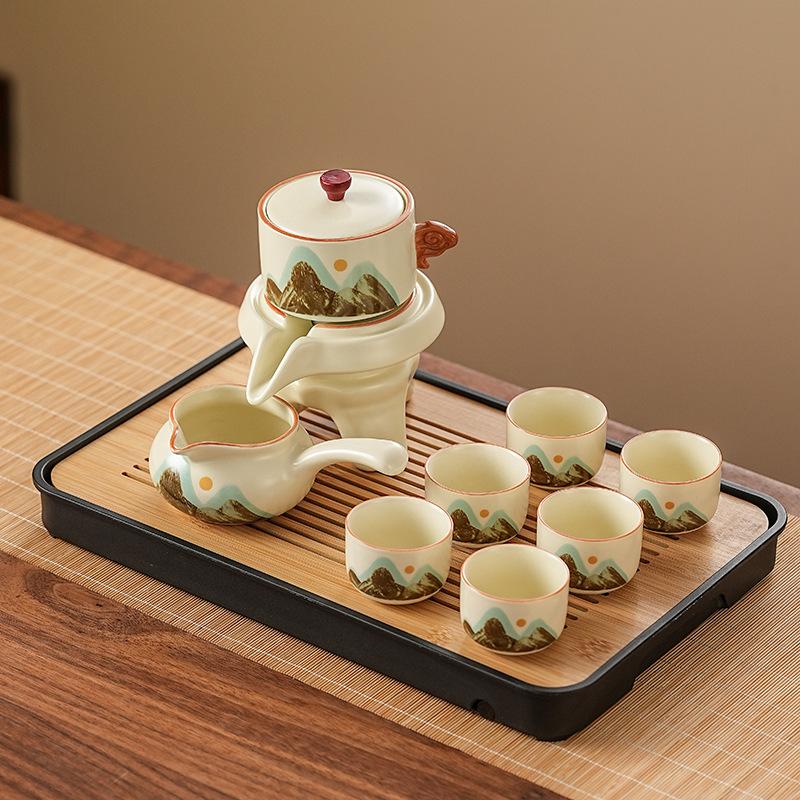 Retro light luxury Ru kiln Qingshan tea set with tea tray household teapot business gift souvenir