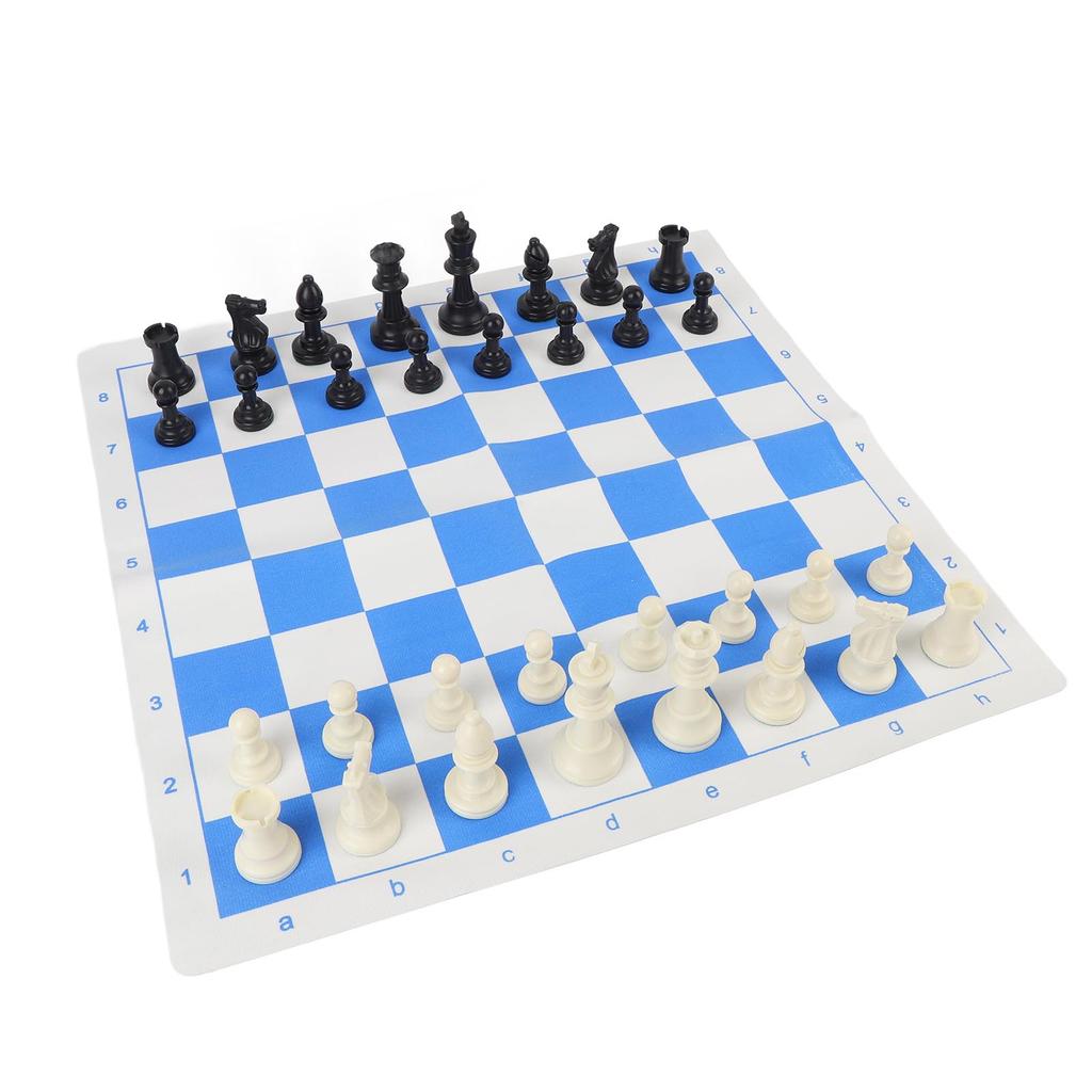Набор для шахматной игры 19,7 дюйма, пластиковые 32 шахматные фигуры, шахматные фигуры с шахматной доской из ПУ с синей и белой сеткой и
