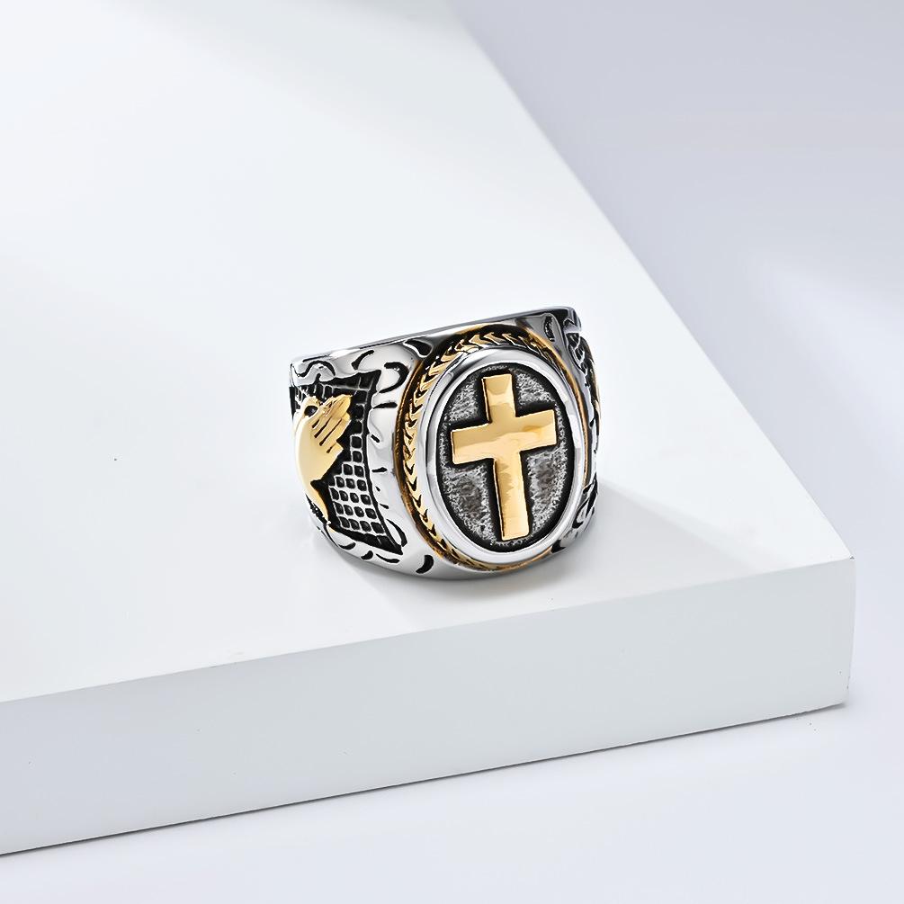 Модное ретро-кольцо с изображением молящихся рук и креста из титановой стали, популярное украшение для рук в стиле хип-хоп для мужчин